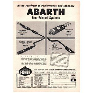 1964 Abarth Free-Exhaust Systems Ad Triumph Sprite MGA Austin Vintage Print Ad